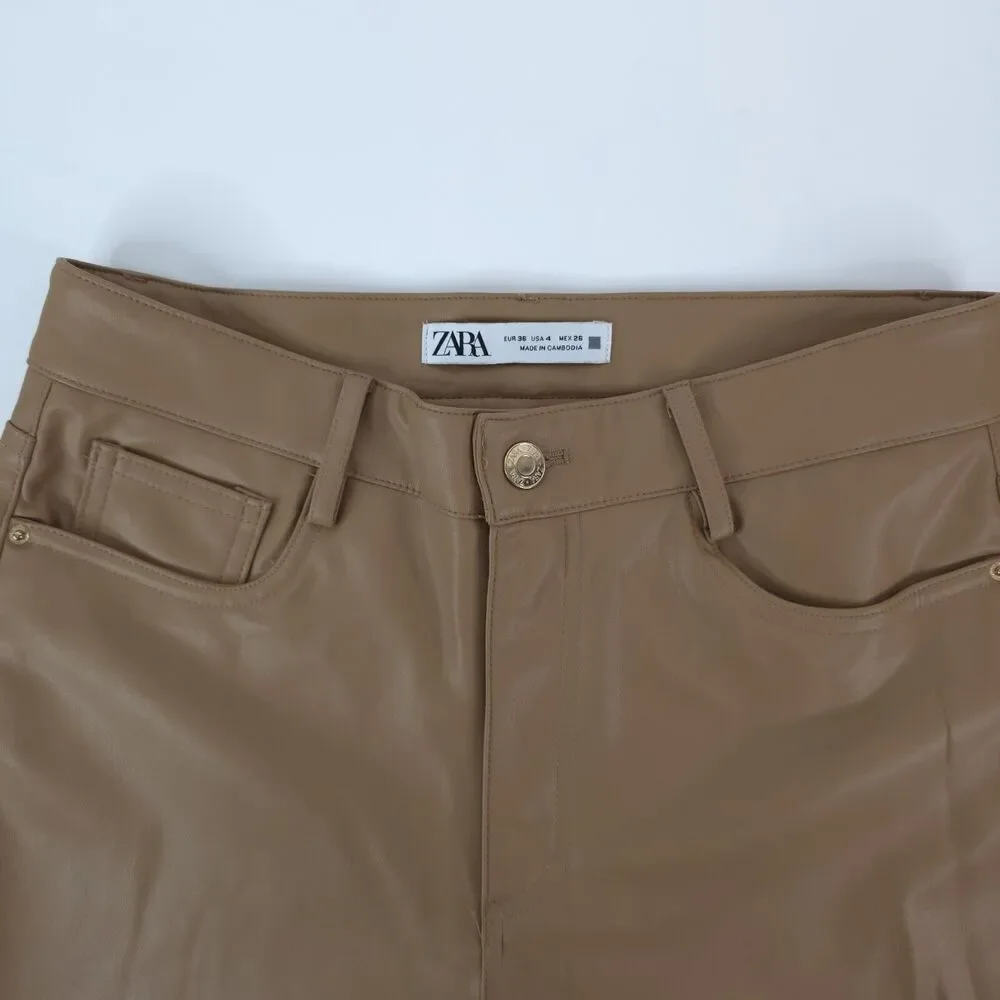 Zara Pants Womens 4 (27x25.5) Vegan Brown Faux Leather Flare Mid Rise‎